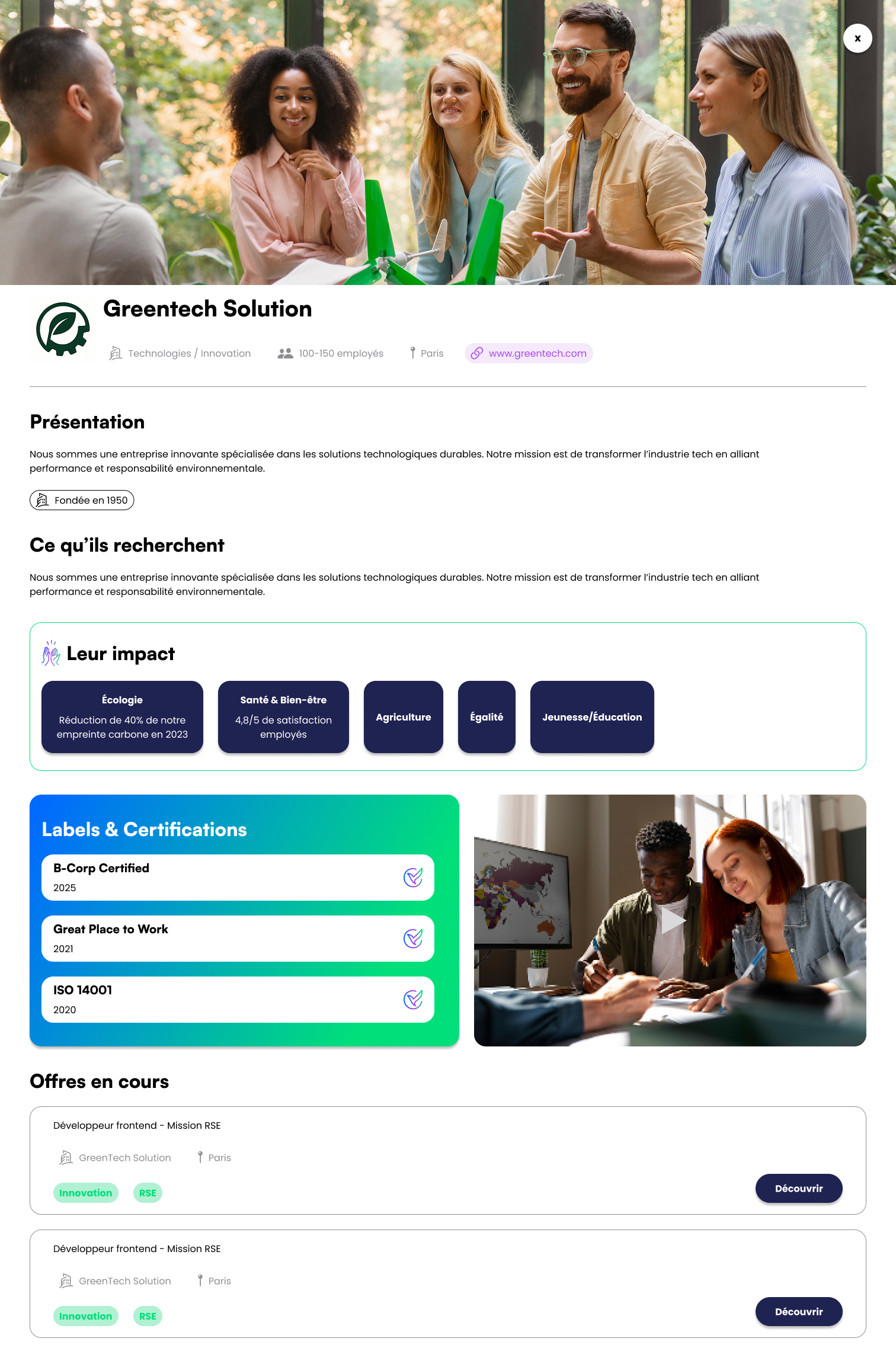 Profil d'une entreprise responsable sur la plateforme younivibe